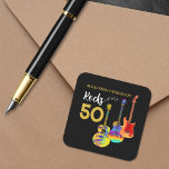 50th birthday party 50 rocks Guitar Square Sticker<br><div class="desc">Personalized Rocks 50 50th birthday party stickers with three cool watercolor guitar designs on black background. An electric guitar with Fire flame pattern and red pick guard, a multicolored semi acoustic guitar and a psychedelic classic acoustic guitar art illustration with personalized black and gold modern cool typography. This easy to...</div>