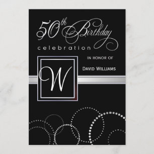 50th Birthday Party Adult - Silver Monogram Invitation