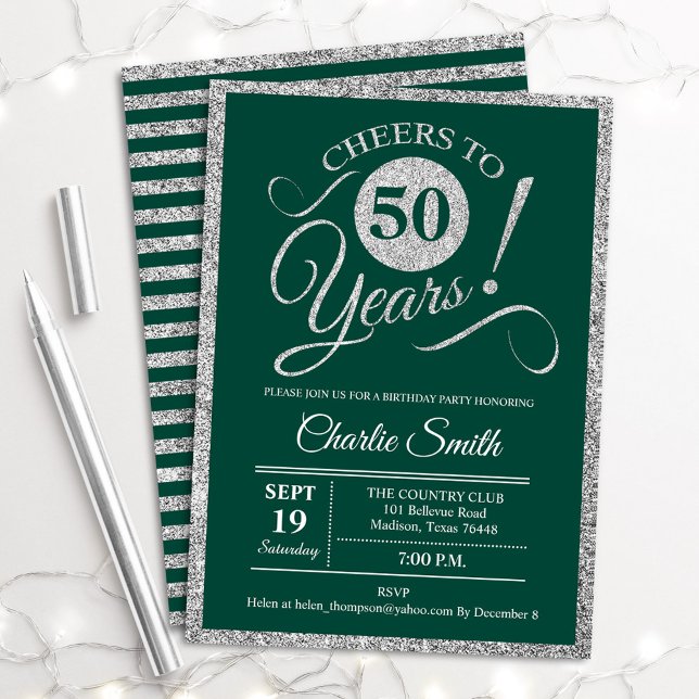 50th Birthday Party - ANY AGE Green Silver Invitation (Creator Uploaded)