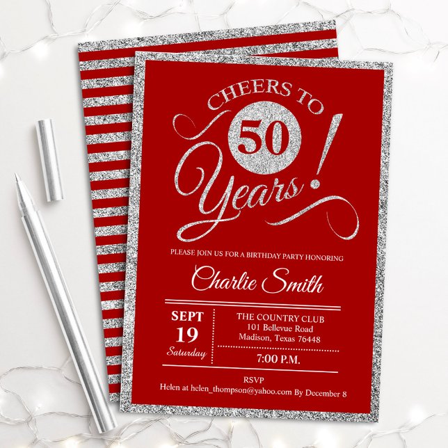 50th Birthday Party - ANY AGE Red Silver Invitation (Creator Uploaded)
