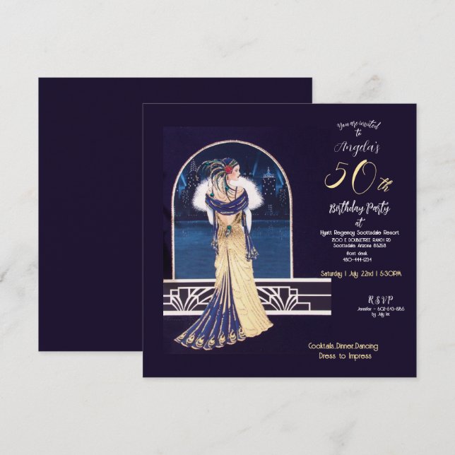 50th Birthday Party Art Deco Design Invitation (Front/Back)