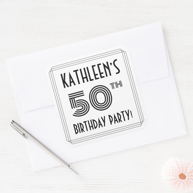 50th Birthday Party: Art Deco Style + Custom Name Square Sticker (Envelope)