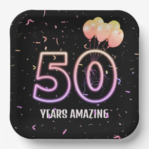 50th Birthday Party Balloons and Confetti Paper Plate