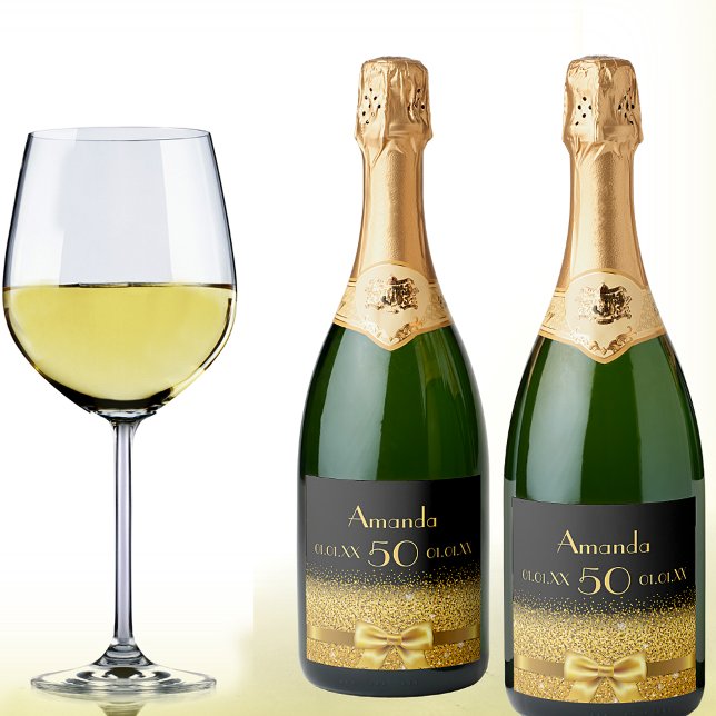 50th birthday party black and faux gold bow name sparkling wine label (Creator Uploaded)