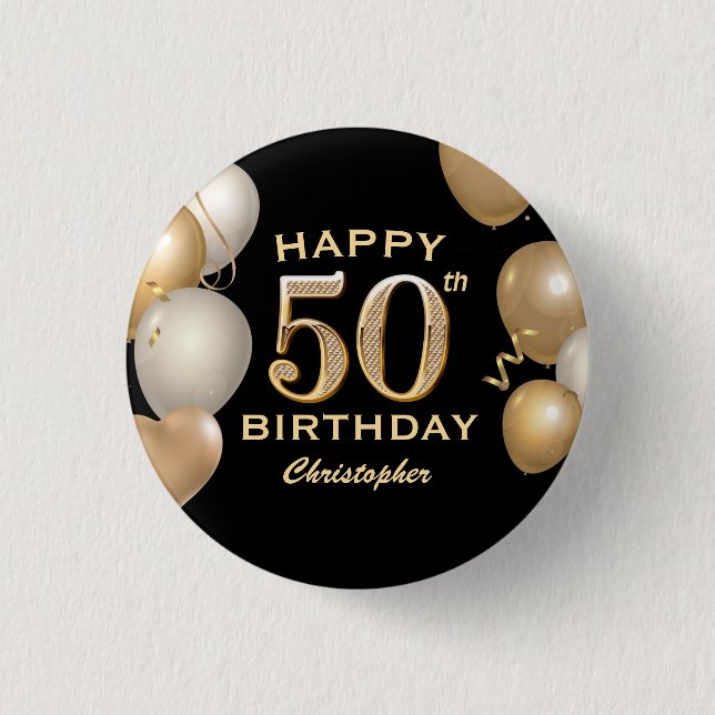 50th Birthday Party Black and Gold Balloons 1 Inch Round Button (Front)