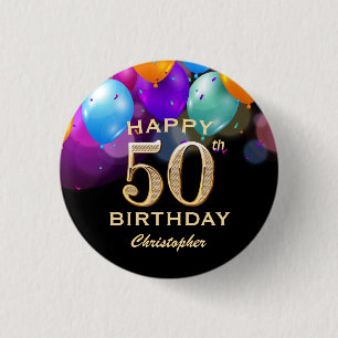 50th Birthday Party Black and Gold Balloons 1 Inch Round Button