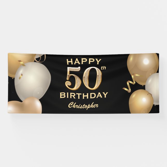 50th Birthday Party Black and Gold Balloons Banner (Horizontal)