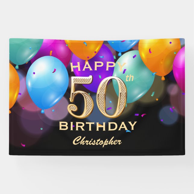 50th Birthday Party Black and Gold Balloons Banner (Horizontal)
