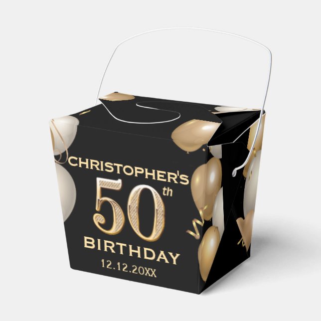 50th Birthday Party Black and Gold Balloons Favor Box (Front Side)