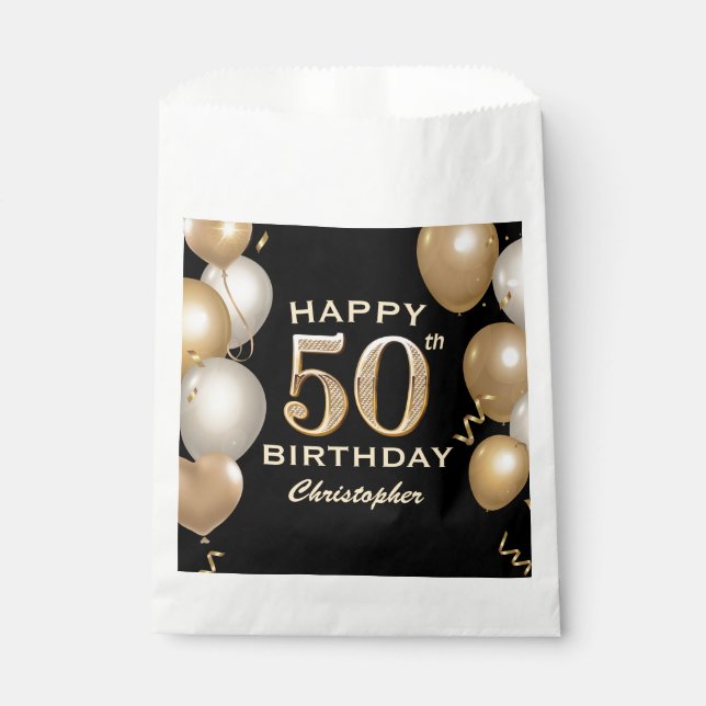 50th Birthday Party Black and Gold Balloons Favour Bag (Front)