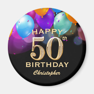 50th Birthday Party Black and Gold Balloons Magnet