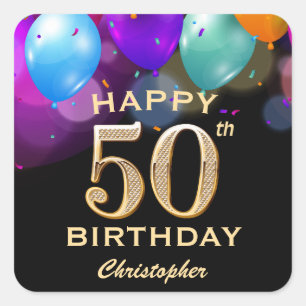 50th Birthday Party Black and Gold Balloons Square Sticker