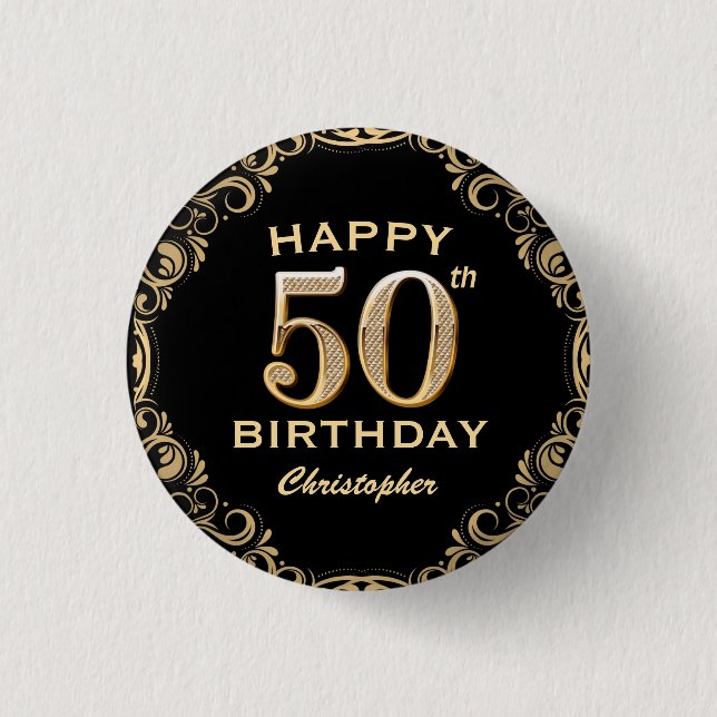 50th Birthday Party Black and Gold Glitter Frame 1 Inch Round Button (Front)