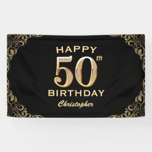 50th Birthday Party Black and Gold Glitter Frame Banner