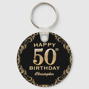 50th Birthday Party Black and Gold Glitter Frame Keychain