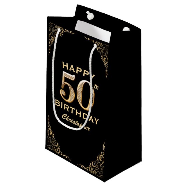 50th Birthday Party Black and Gold Glitter Frame Small Gift Bag (Front Angled)