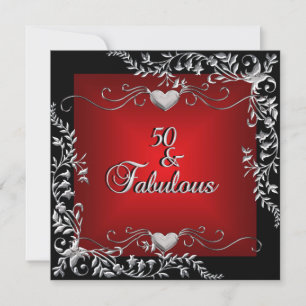 50th Birthday Party Black Bright Deep Red Big Invitation