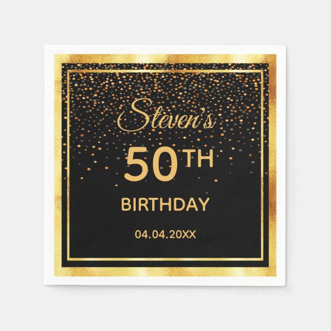 50th birthday party black gold confetti napkin (Front)