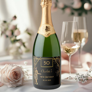 50th Birthday party black gold Gatsby art deco Sparkling Wine Label