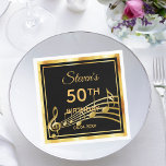 50th birthday party black gold music notes guy napkin<br><div class="desc">A napkin for an elegant black and gold themed 50th birthday party. Black background colour and a faux gold frame. With classic swirl decor and golden music notes. Templates for a name, age and date of the party. The background is transparent so you can change the colour to match your...</div>