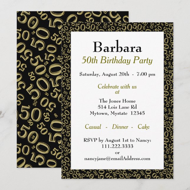 50th Birthday Party Black/Gold Number Pattern Invitation (Front/Back)