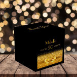 50th birthday party black gold thank you favor box<br><div class="desc">Elegant, classic, glamourous and feminine style favour box. A gold coloured ribbon and bow with golden glitter and sparkle, a bit of bling and luxury for a 50th birthday party. Black background. With the text: Thank You! on top. Front: Templates for a name, age 50 and date of birth and...</div>