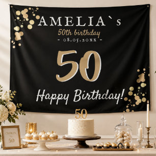50th Birthday Party Black Golden Backdrop Tapestry