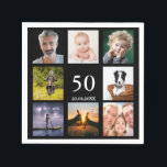 50th birthday party black photo collage guy man napkin<br><div class="desc">A paper napkin for a 50th birthday party for a guy,  celebrating his life with a collage of 8 of your own photos.  Templates for the age 50 and a date.  Date of birth or the date of the party.  White coloured letters.  Black background.</div>