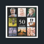 50th birthday party black photo collage guy man napkin<br><div class="desc">A paper napkin for a 50th birthday party for a guy,  celebrating his life with a collage of 8 of your own photos.  Templates for the age 50 and a date.  Date of birth or the date of the party.  White coloured letters.  Black background.</div>