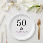 50th Birthday Party Black Purple Text Paper Plate<br><div class="desc">Celebrating fabulous 50th birthday garden party plate design in pink with black text. To view more products click the store link.</div>