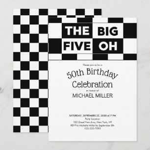 50th Birthday Party Black White Chequered Pattern Invitation