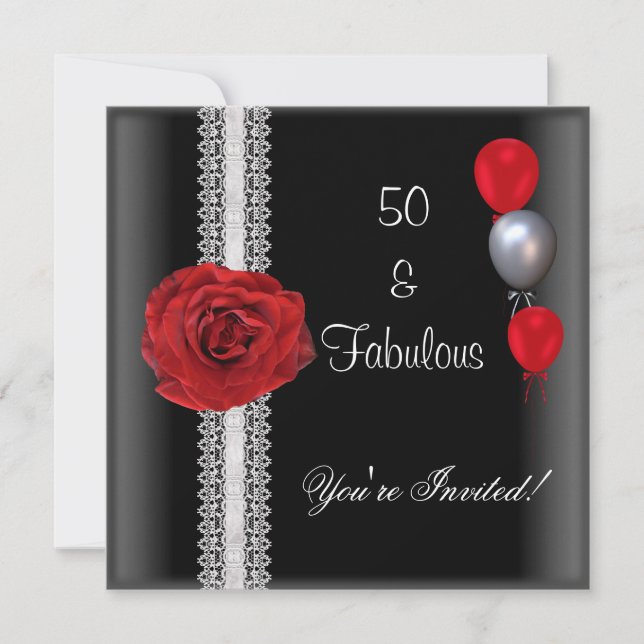 50th Birthday Party Black White Red Rose Invitation (Front)