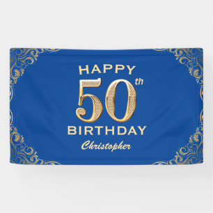 50th Birthday Party Blue and Gold Glitter Frame Banner