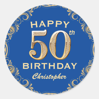 50th Birthday Party Blue and Gold Glitter Frame Classic Round Sticker