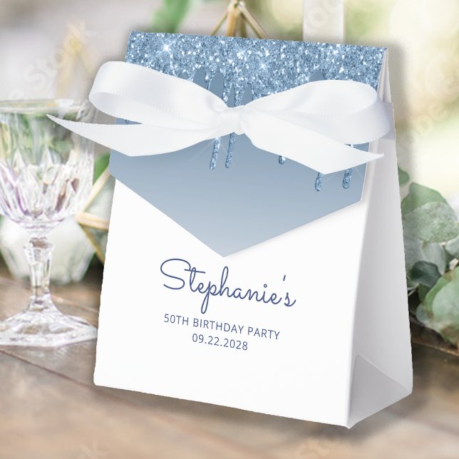 50th Birthday Party Blue Glitter Drip Script Favor Box (Creator Uploaded)