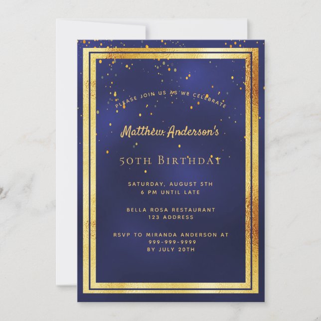 50th birthday party blue gold confetti sprinkle invitation (Front)