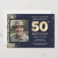 50th Birthday Party Blue Gold Glitter 