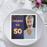 50th birthday party blue gold photo napkin<br><div class="desc">A napkin for guys 50th birthday party. Template for your photo.  Dark blue background and the tex: Cheers to 50.  The text is written with a trendy faux gold balloon script. The dark blue colour is uneven.  With golden confetti as decor.</div>