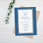 50th birthday party blue white gold invitation postcard<br><div class="desc">On front: A classic blue background with a faux gold and white frame. Simple and elegant! Templates for a name and party details. The name and the text: 50th Birthday are written with a hand lettered style script, blue coloured letters. Perfect for a winter or spring birthday party! Back: Classic...</div>