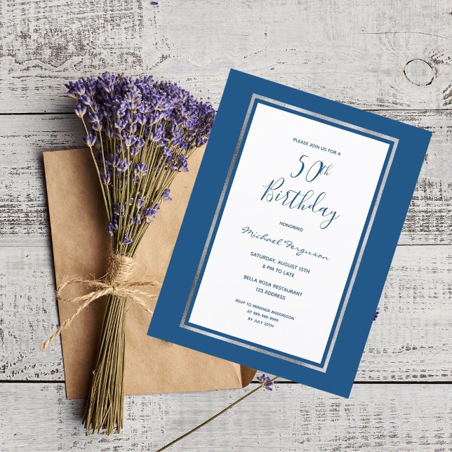 50th birthday party blue white silver invitation postcard (Creator Uploaded)