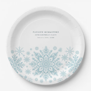 50th Birthday Party Blue White Snowflake Custom Paper Plate