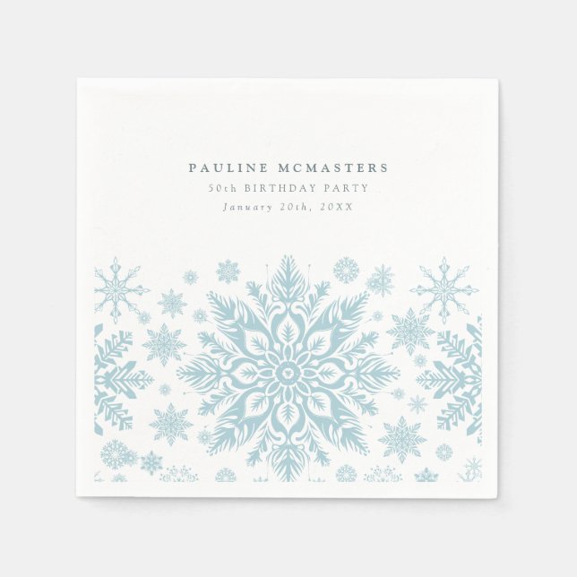 50th Birthday Party Blue White Snowflake Winter Napkin (Front)