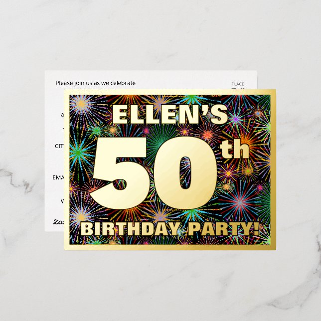50th Birthday Party: Bold, Colourful Fireworks Loo Foil Invitation Postcard (Front/Back)