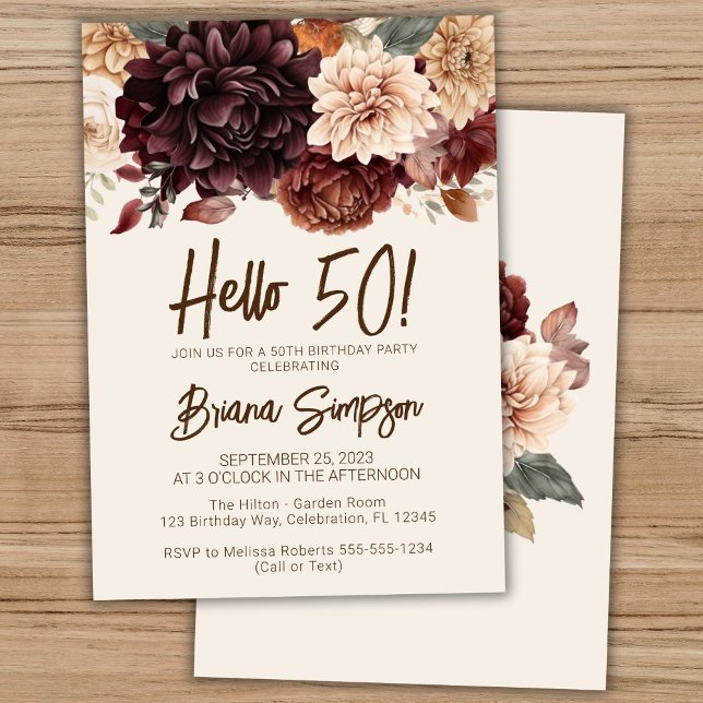 50th Birthday Party Brown Beige Ivory Floral Invitation (Creator Uploaded)