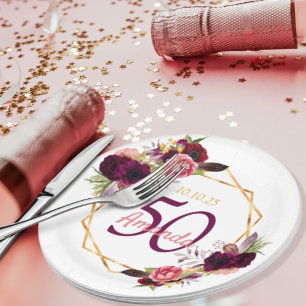 50th birthday party burgundy florals gold white paper plate