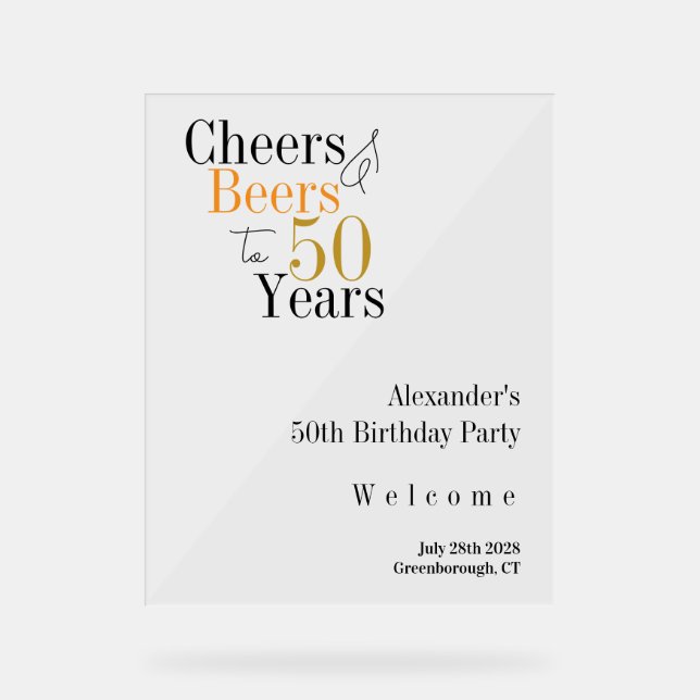 50th Birthday Party Cheers Beers Minimal Welcome Acrylic Sign (Front)