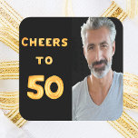 50th birthday party cheers to 50 gold balloon text square sticker<br><div class="desc">A trendy 50th birthday party sticker. With the text: Cheers to 50 on front written with faux gold balloon letters. Black background. Template for your photo.</div>