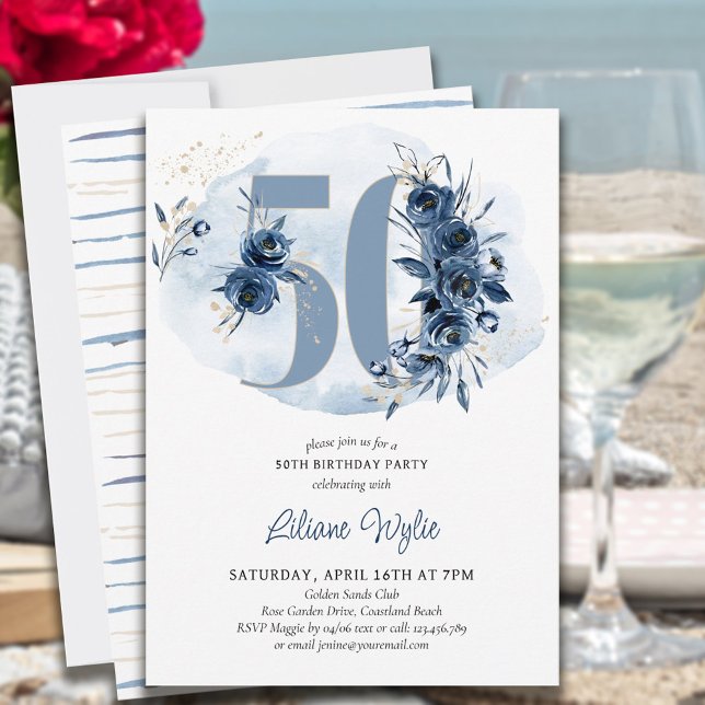 50th Birthday Party Coastal Blue Floral Number 50 Invitation (Creator Uploaded)