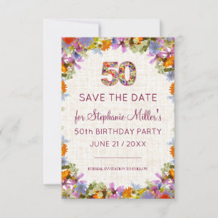50th Birthday Party – Colourful Linen Floral Desig Save The Date