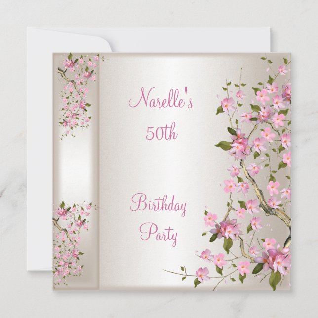 50th Birthday Party Cream Silk Pink Blossom Invitation (Front)